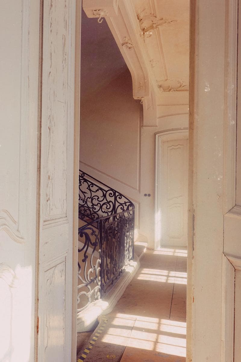 Sunlit doorway looking through to ornate iron railing